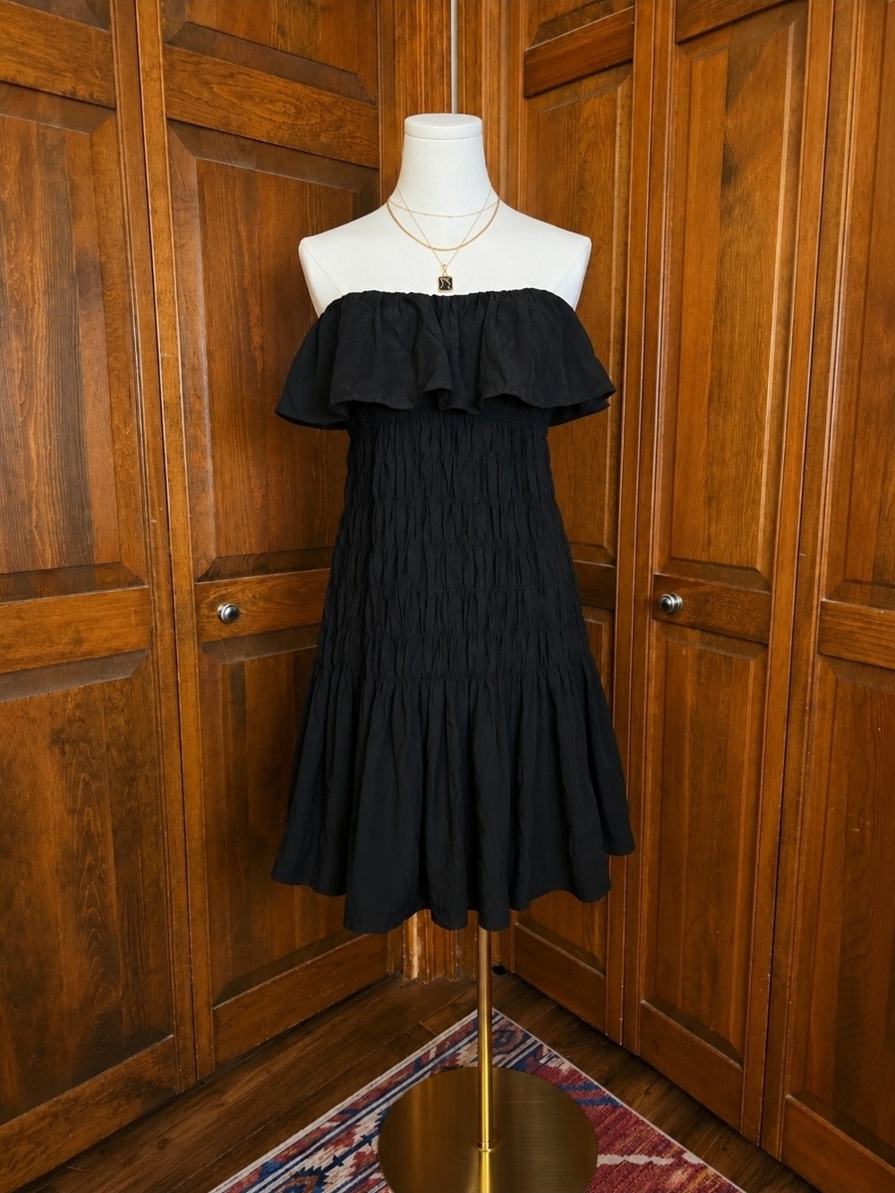 Strapless Black Ruffle Smocked Midi Dress